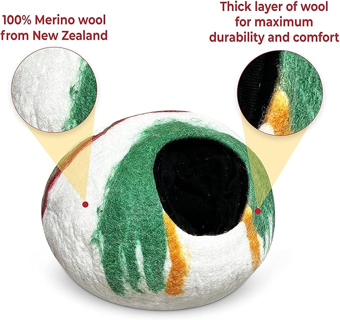 Woolygon Premium Felt Cat Cave Bed – Wool Kitty Beds Handcrafted Kitten Caves Bed for Indoor Cats - Made from 100% Eco-Friendly Merino Wool, Foldable Cat Hidewawy Covered Cat House Pod (Candy Swirl)