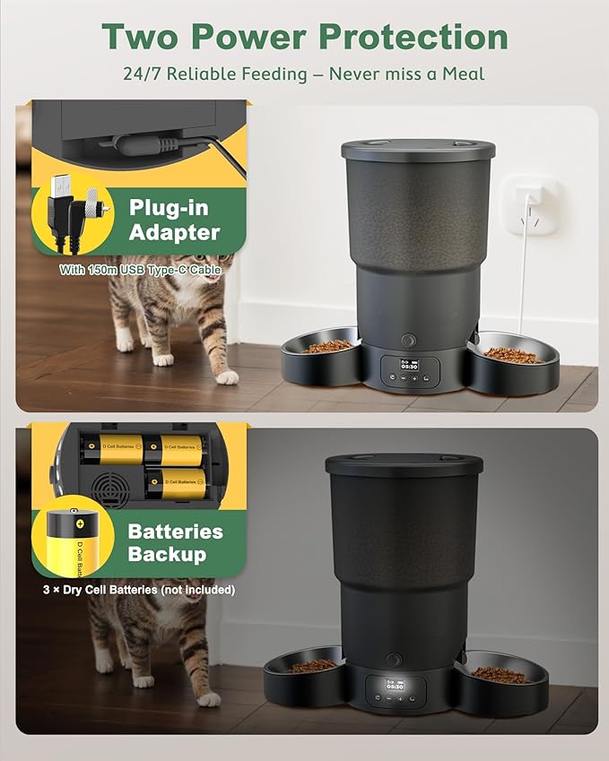 Gimars 5L Automatic Cat Feeder for 2 Cats, Programmable 1-6 Meals Cat Food Dispenser with Stainless Steel Bowl, Easy Setup, Dual Power Supply,10s Meal Call Timed Pet Feeder for Cats and Small Dogs