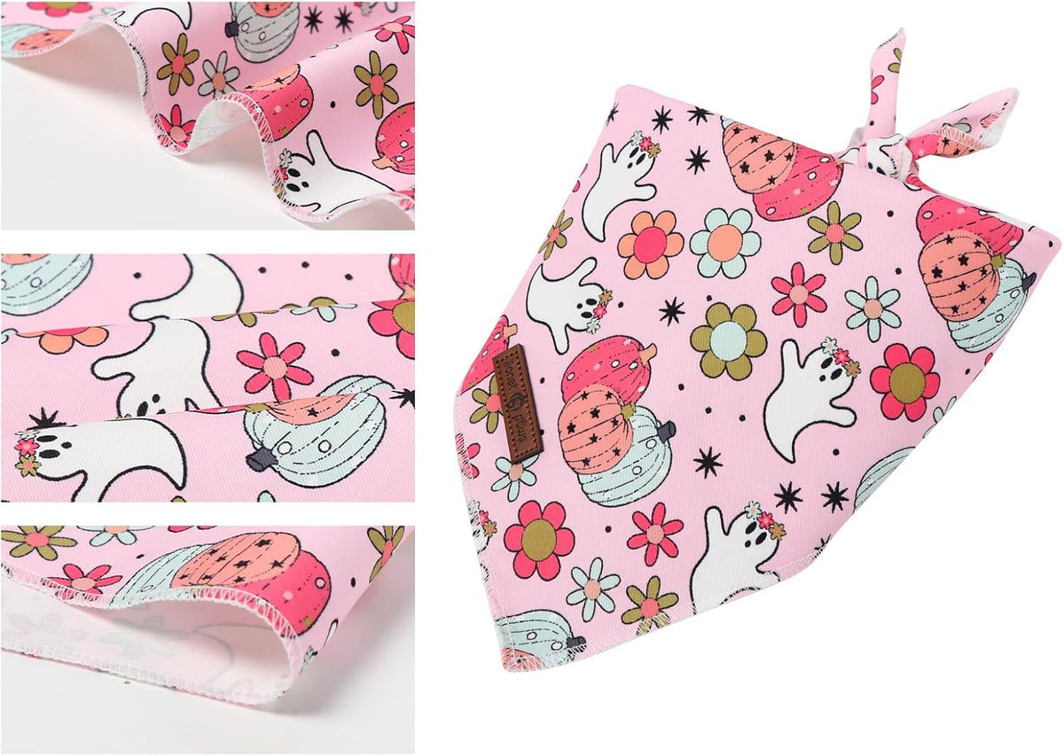 Lionet Paws Halloween Dog Bandana Washable Cotton Handkerchief Scarf Triangle Flower Ghost Pink Bandanas for Small Medium Dogs Girl