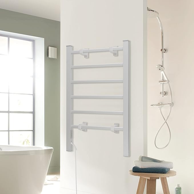 KEG Towel Warmer 6 Bars for Bathroom Freestanding or Wall Mounted Bath Towel Heater Plug-in with Built-in Timer Silver