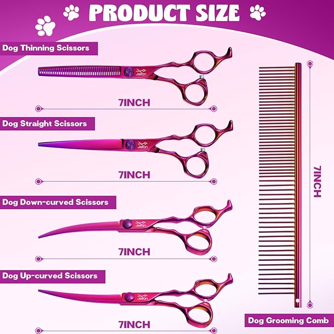 JASON Purple 6 in 1 Dog Grooming Scissors Set - Professional Thinner Set - 7" Thinning, Straight, Up-Curved, Down-Curved Scissors and Comb for Dog Cat Pet with Adjustable Screw