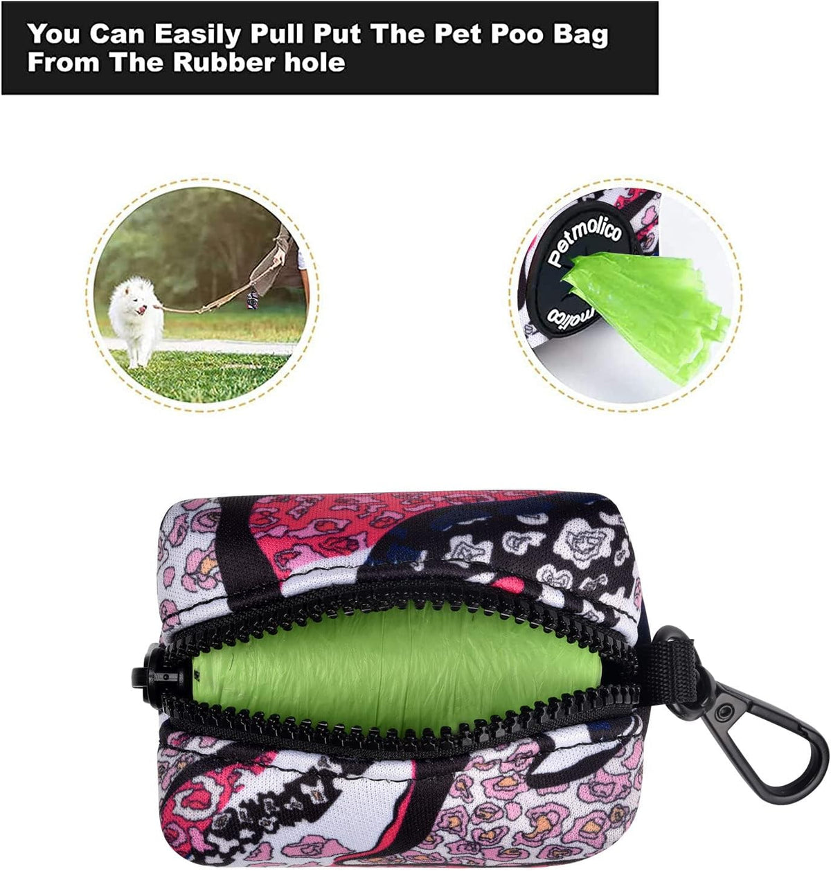 Petmolico Dog Poop Bag Holder Leash Attachment, Dog Waste Bag Dispenser Zippered Pouch, Fits Any Leash, Includes Free Roll of Poop Bags Dispenser - 2 Pack, Colorful Leopard