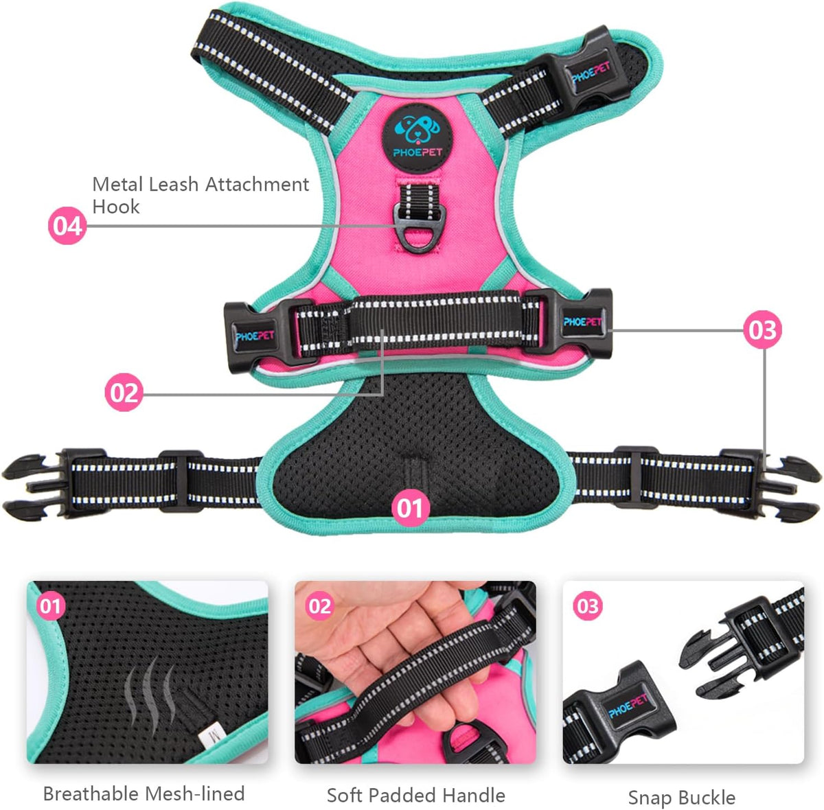 PHOEPET 2019 Upgraded No Pull Dog Harness, Reflective Adjustable Vest, with a Training Handle + 2 Metal Leash Hooks+ 3 Snap Buckles +4 Slide Buckles(M, Pink)