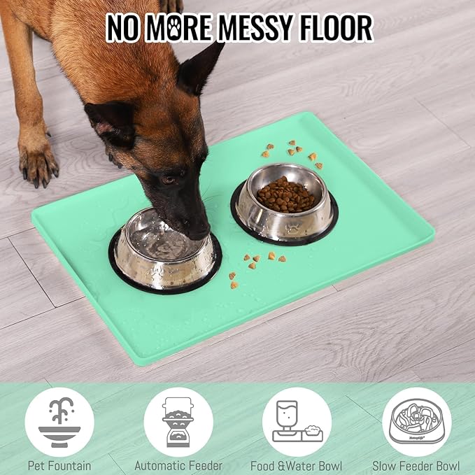 MateeyLife Dog & Cat Food Mat - Waterproof, Nonslip, Raised Edges, Silicone Tray for Messy Drinkers, 24"x16", Mint Green