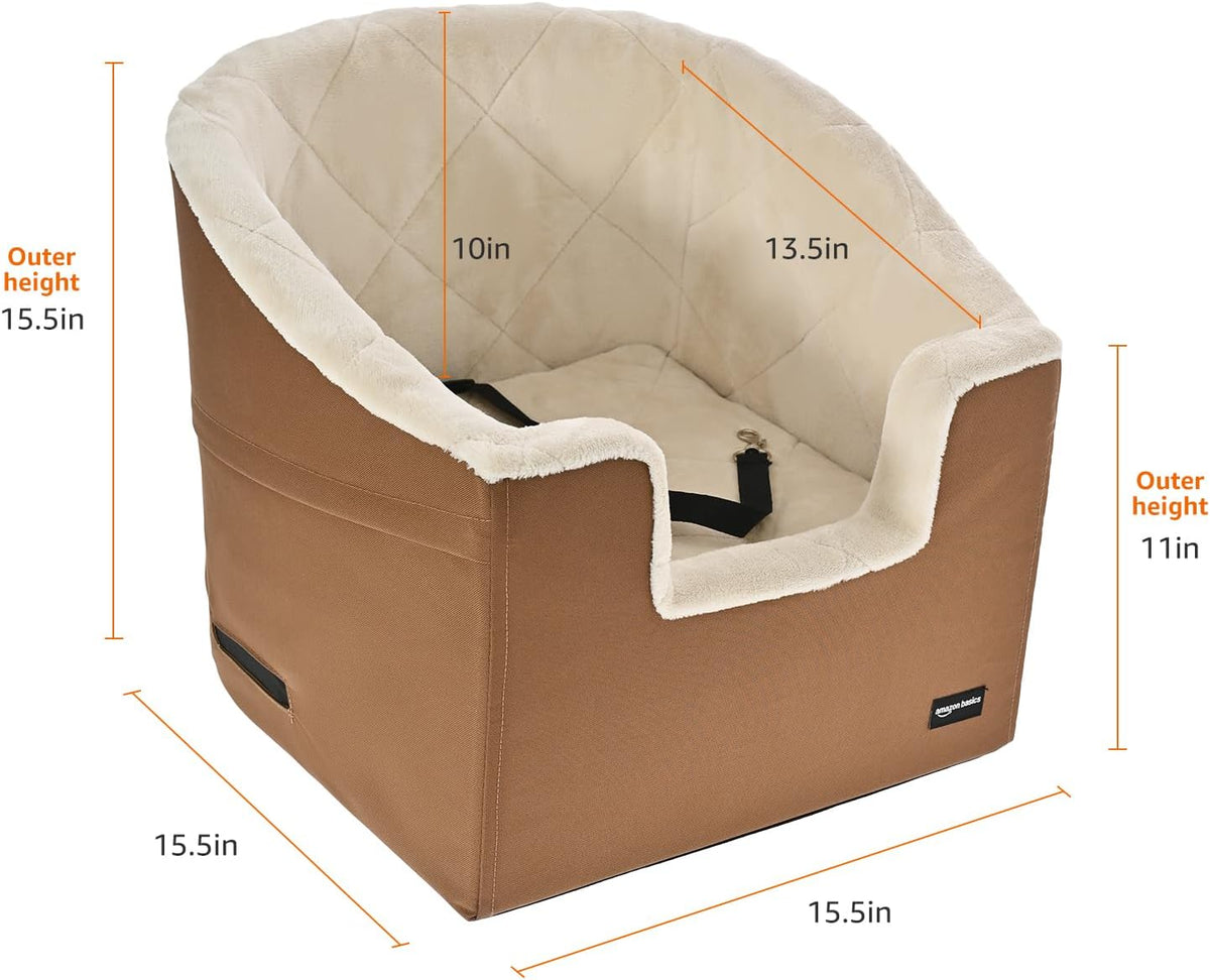Amazon Basics Pet Car Booster Bucket Seat for Small Pets up to 25lbs, Machine Washable Cover, Clip-On Safety Leash, 18" x 18" x 16", Tan