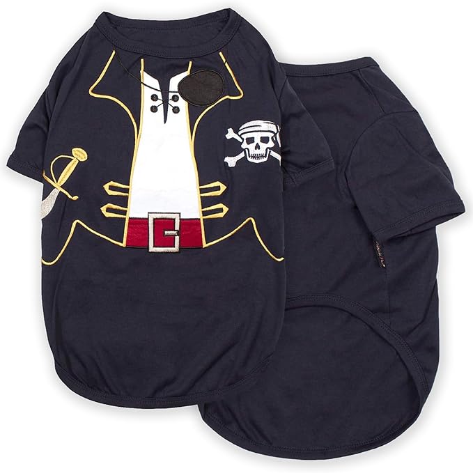 Parisian Pet Captain Sparrow Dog Shirt - Embroidered Pirate Costume - 100% Cotton & Polyester - Sleeved Halloween Outfit - Black Dog Shirt for Small Dogs