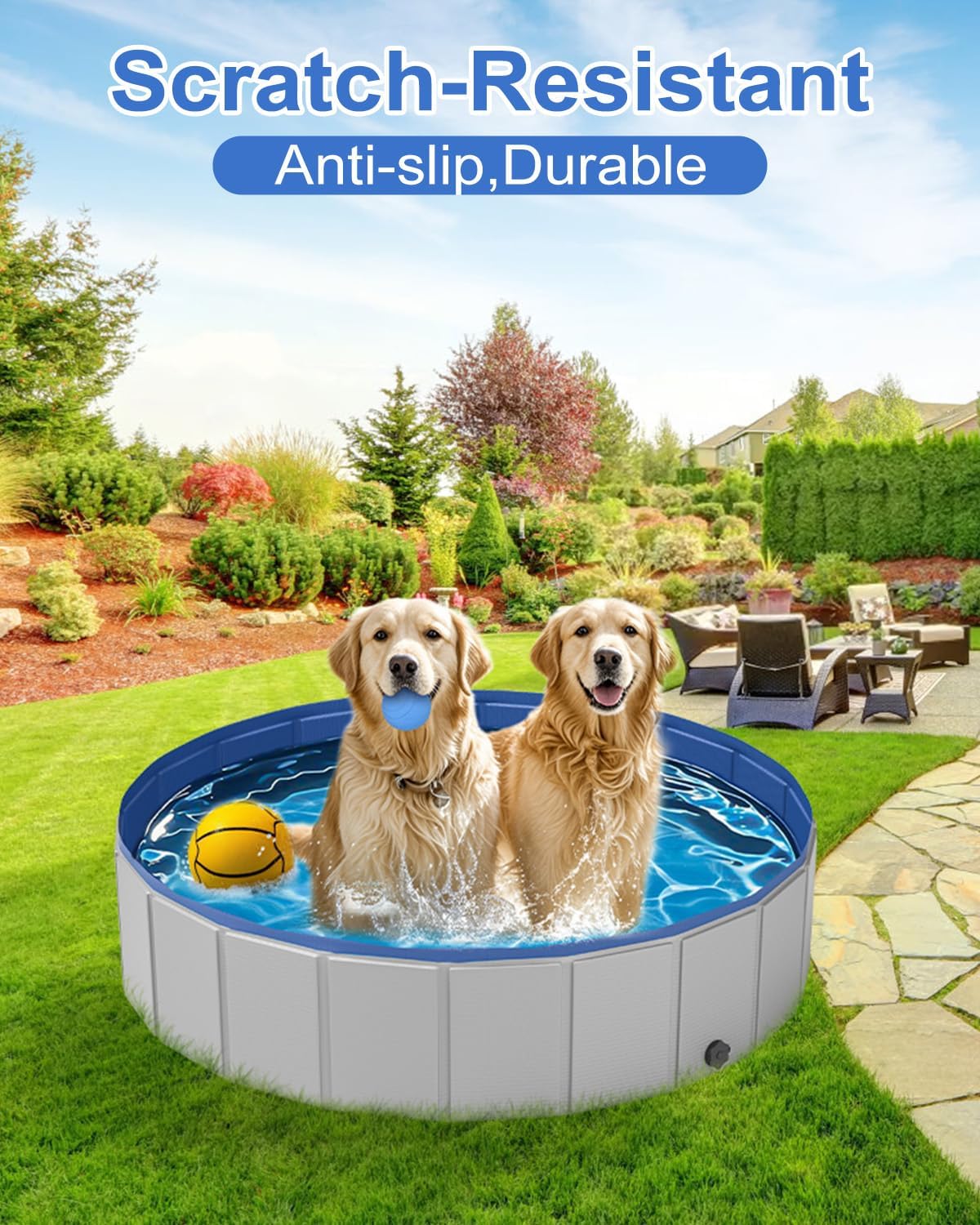 Dog Pool for Large Dogs, Foldable Plastic Pool for Dogs Slip-Resistant (XL - 71'' x 12'')