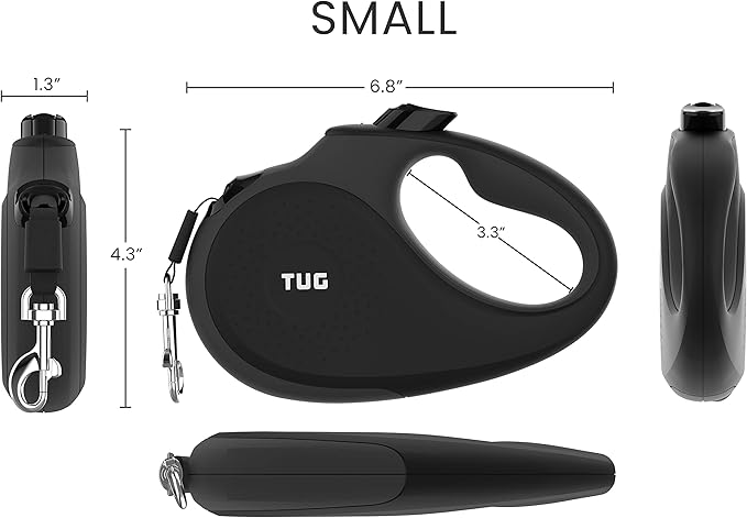 TUG 360° Tangle-Free Retractable Dog Leash with Anti-Slip Handle | 16 ft Strong Nylon Tape | One-Handed Brake, Pause, Lock (Small, Black/Grey)