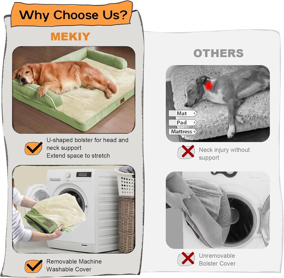 Large Dog Bed Orthopedic Washable - Beds Bolster - Extra XL XLarge Big Dogs - Memory Foam Couch Sofa - Waterproof with Removable Cover - Grass Green Dog Bed