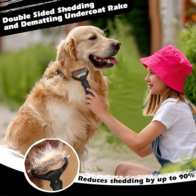 3PCS Self Cleaning Slicker Brush & Pet Grooming Rake & Flea Comb for Dogs,Cats and Horses | Double-Sided Dematting Comb & Skin Friendly Deshedding Grooming Tool | Premium Pet Supplies (Black)