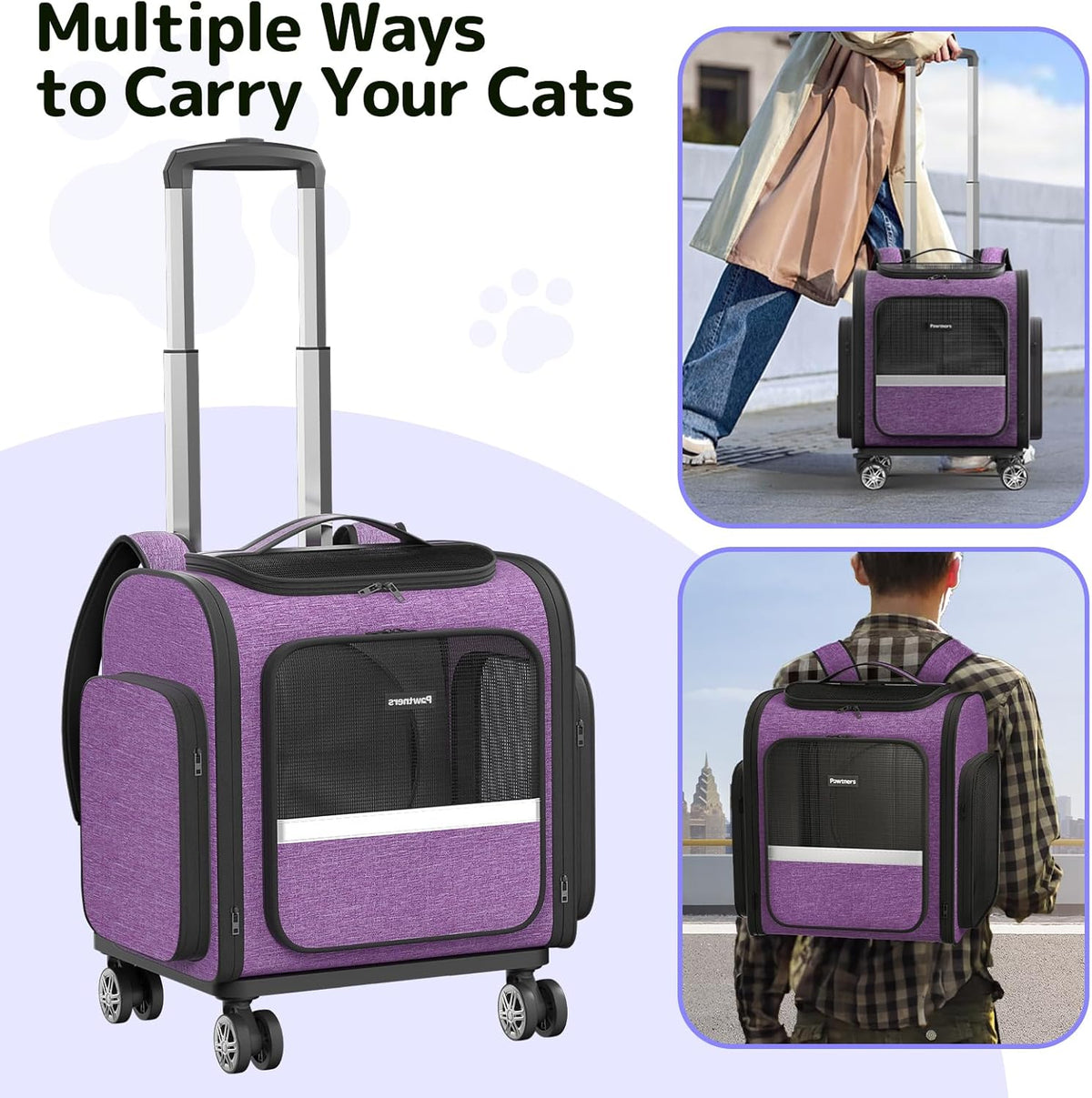 Rolling Cat Carrier with Wheels Dog Carrier for Small Dogs & Medium Cats, Expandable Pet Carrier on Wheels with Cat Play Tunnel, Large Capacity, Breathable Mesh, Side Pocket, Purple