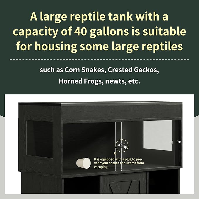 40 Gallon Reptile Terrarium Tank with Storage Cabinet, Reptile Tank with Stand, for Leopard Geckos, Corn Snakes, Juvenile Pets, Sliding Acrylic Doors, Mesh Top, Power Outlet, Black PX03RTB