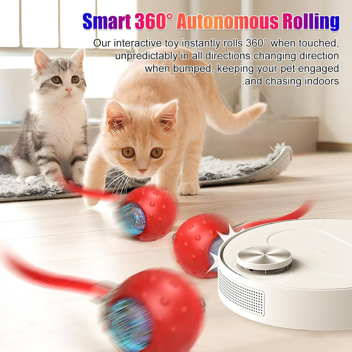 Tiny Fetch Dog Toy, Tinyfetch Interactive Dog Cat Toys Balls with Birdsong, 360° Smart Automatic Rolling Dog Ball Toy with Rope for Pets Indoor & Outdoor Play (Red)