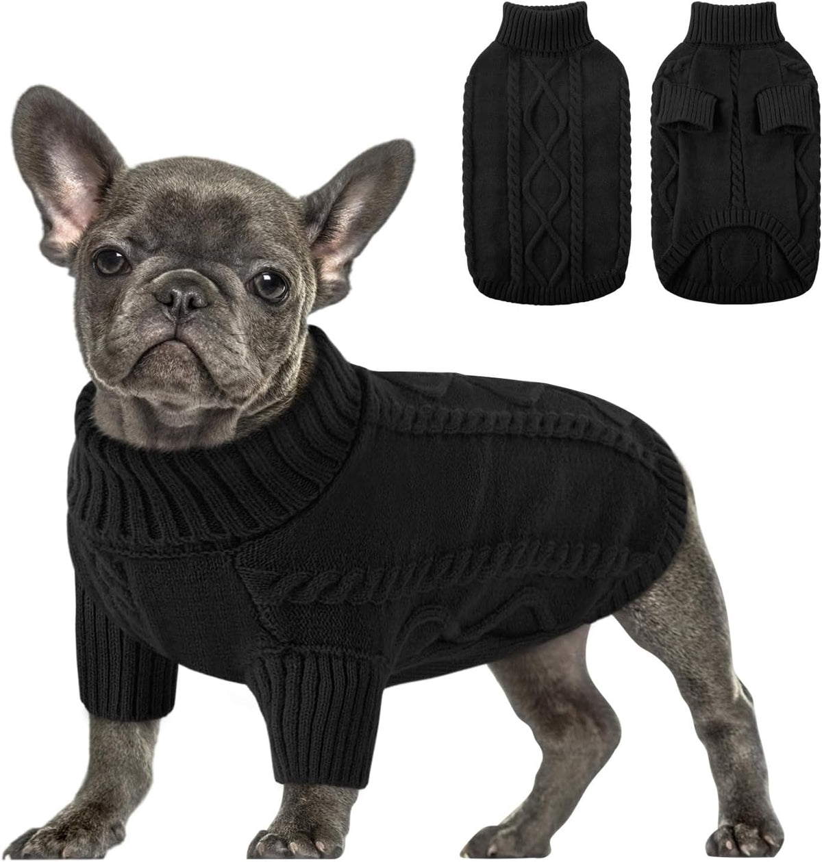 Queenmore Small Dog Pullover Sweater, Cold Weather Cable Knitwear, Classic Turtleneck Thick Warm Clothes for Chihuahua, Bulldog, Dachshund, Pug (Black, Medium)