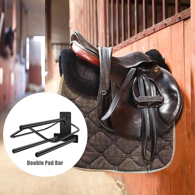 2Pcs Saddle Rack with Double Pad Bar,Heavy Duty Wall Mounted Saddle Rack Stand Saddle Pad Rack for English and Western Saddles,23.8x12.6x7.5 Inches