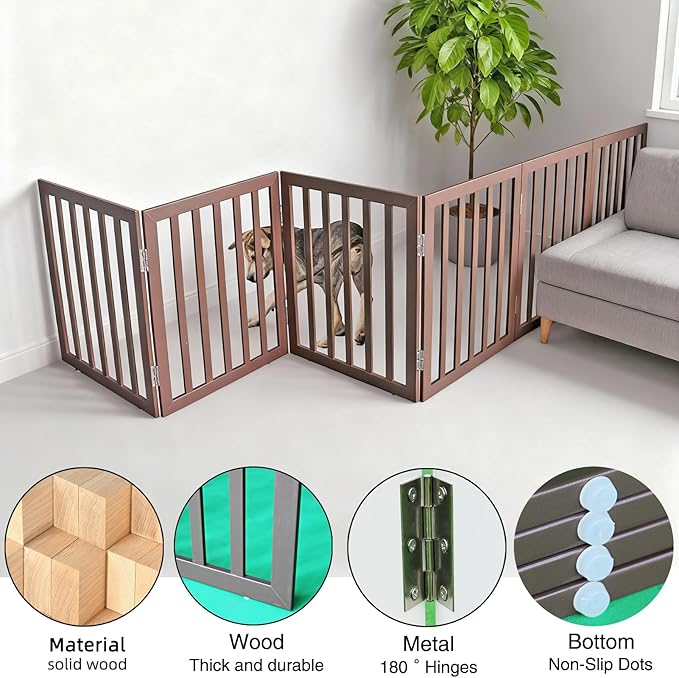 ZJSF Freestanding Indoor Dog Gate for House Foldable Wood Brown Puppy Gate for Doorways Pet Gate for Stairs Extra Wide Pet Fence 32" Height 6 Panels