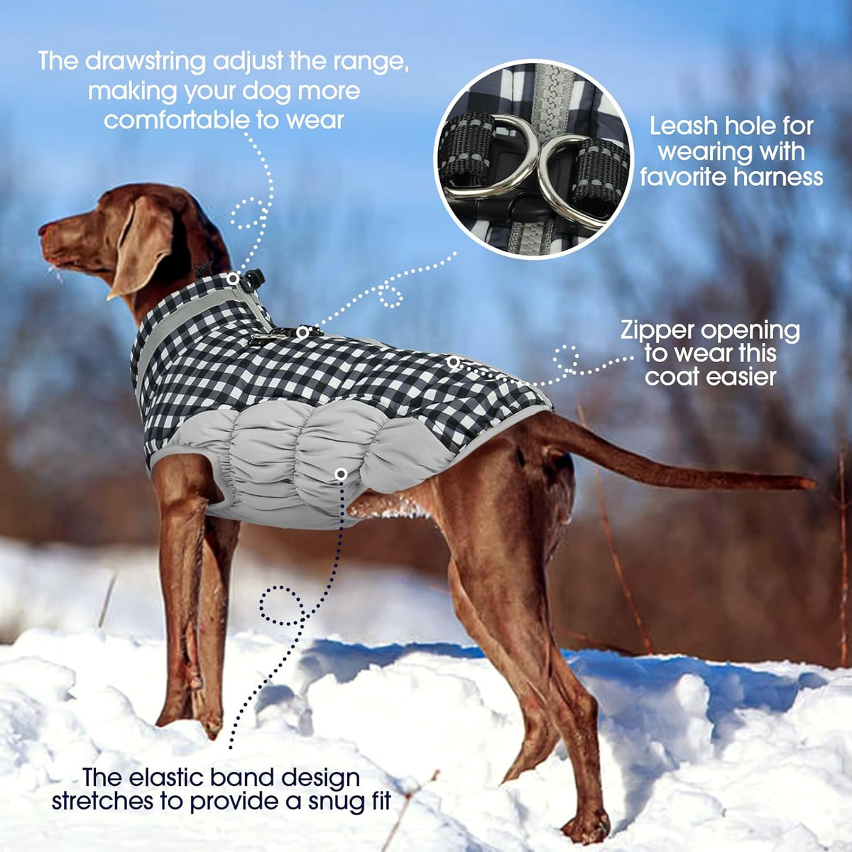 FUAMEY Dog Coat for Large Dogs,Waterproof Dog Winter Jacket with Harness Built in Puppy Cold Weather Coats Reflective Pet Vest with Zipper Warm Fleece Dogs Snowsuit Windproof Checkerboard XL