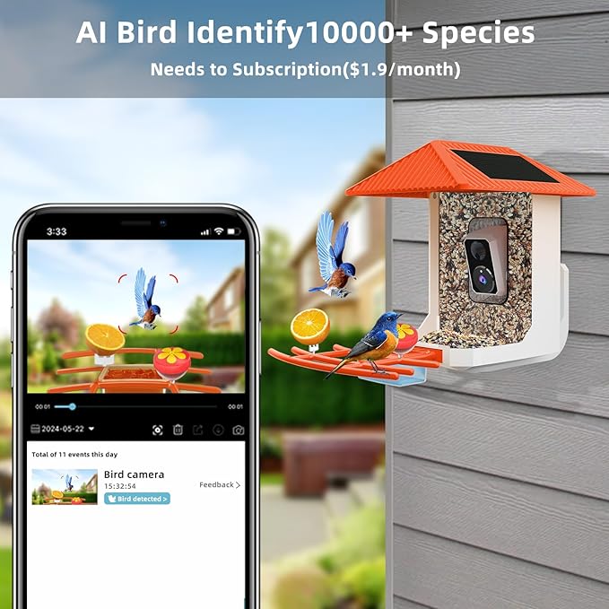 Kurain® Smart Bird Feeder with Camera, 2.4G/5G WiFi, 2.5K Video Birds Feeder with Solar Panel, AI Identify, Live View, Capture Bird Video, Instant Arrival Alerts, Ideal Gift forBirdlover