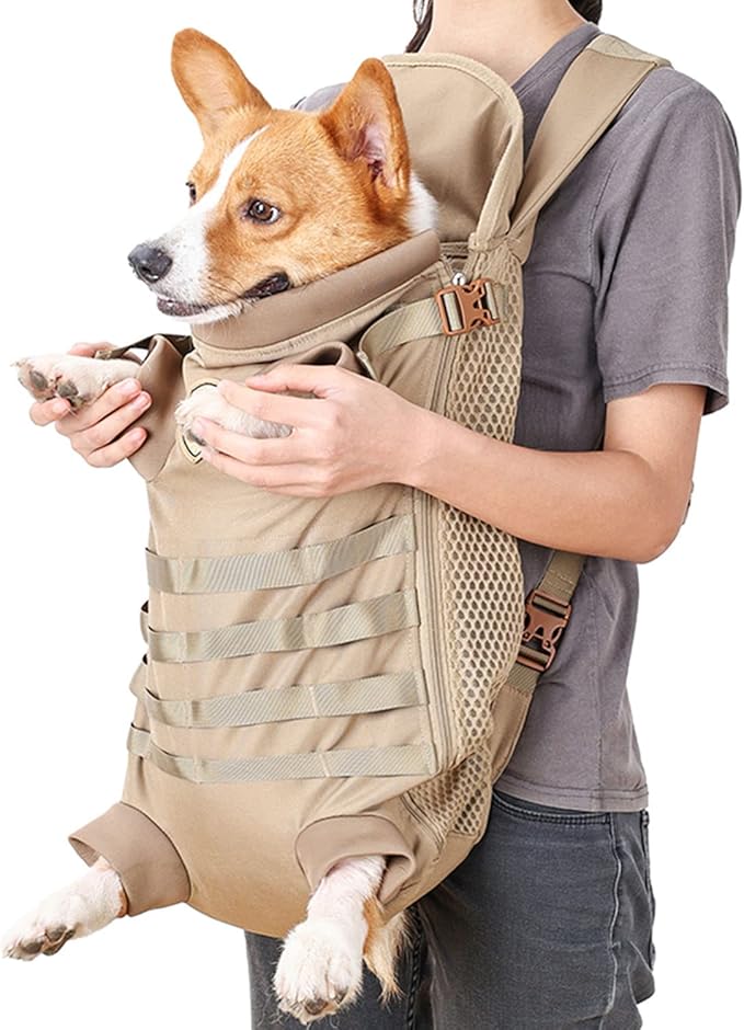 FLAdorepet Dog Carrier Tactical Backpack for Small Medium Dogs,Soft Hands-Free Legs Out Pet Front Cat Dog Carrier Backpack Travel Bag for Outdoor Traveling Hiking Camping (Large, Khaki)