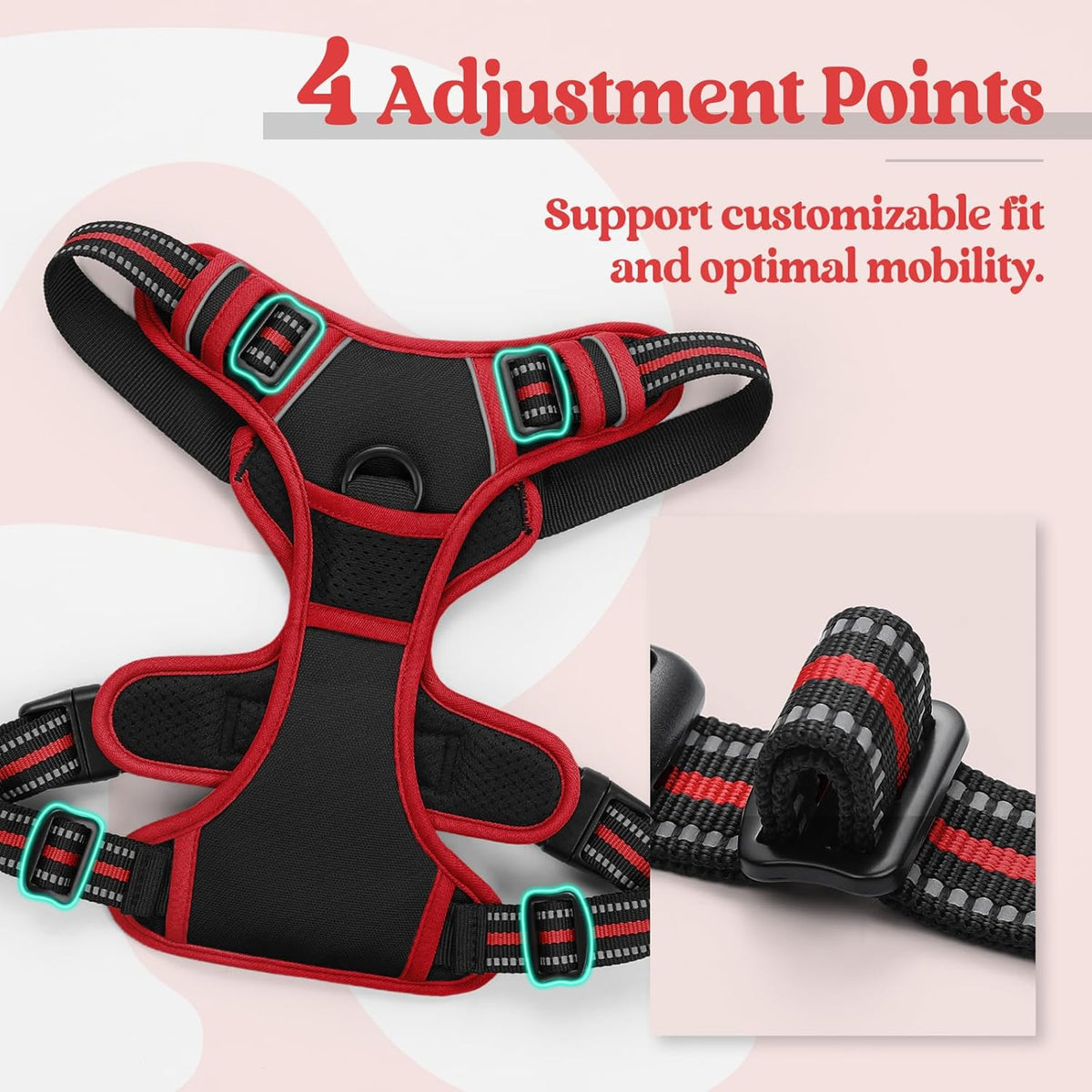 rabbitgoo Dog Harness No Pull with 2 Leash Clips, Adjustable Soft Padded, Reflective Oxford No Choke Pet Vest with Easy Control Handle for Medium Sized Dogs, Black & Red, M