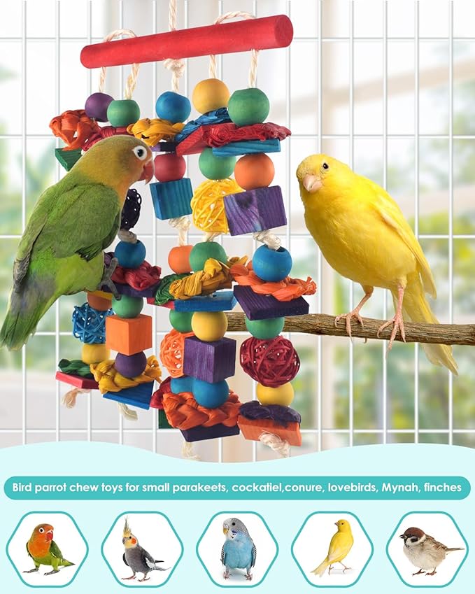 Bird Toys, Parakeet Chewing Toy, Multicolored Natural Wooden Blocks Birds Parrot Tearing Toys mit Rattan Wicker Balls, for Medium Small Macaw Cockatoos Budgie Lovebird Cockatiel Conures