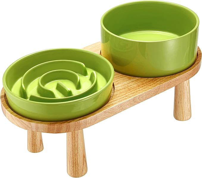 Ceramic Slow Feeder and Water Bowl Set for Small Dogs, Ceramic Dog Bowls Elevated with Wooden Stand, 0.6 Cups Dog Slow Feeder(14oz) and 30oz Water Bowl Set, Green