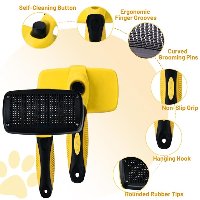 Large Self Cleaning Deshedding Brush for Dogs & Cats - One Button Hair Release Grooming Tool, Gentle Massage Brush for Long and Short Hair (Yellow)
