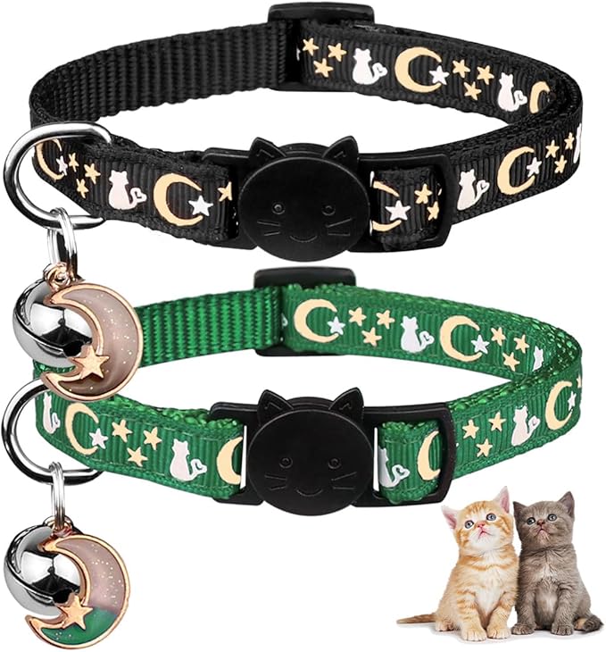 2PCS Breakaway Cat Collars with Bell Cute Kitty Glow in The Dark Adjustable Kitten Collars 7.9-13.0 Inch(Deep Green&Black)