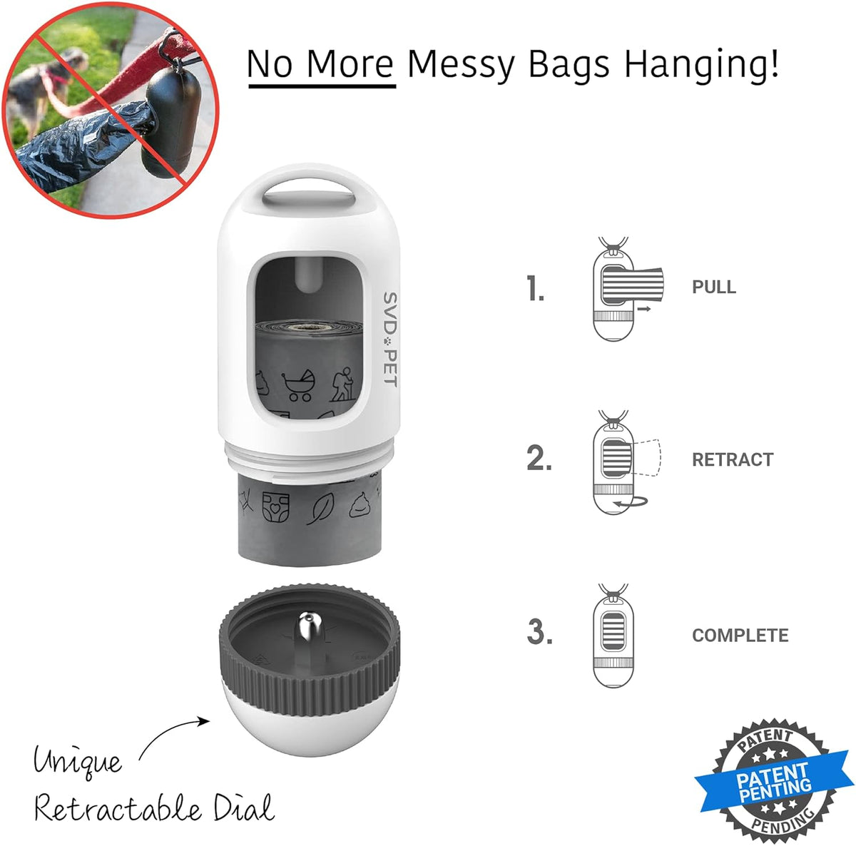 SVD.PET Dog Poop Bag Dispenser, Retractable Waste Bag Fits Any Dog Leash, Drop-Proof Poop Bag Holder, Doggy Walking Accessory (Pearl White)