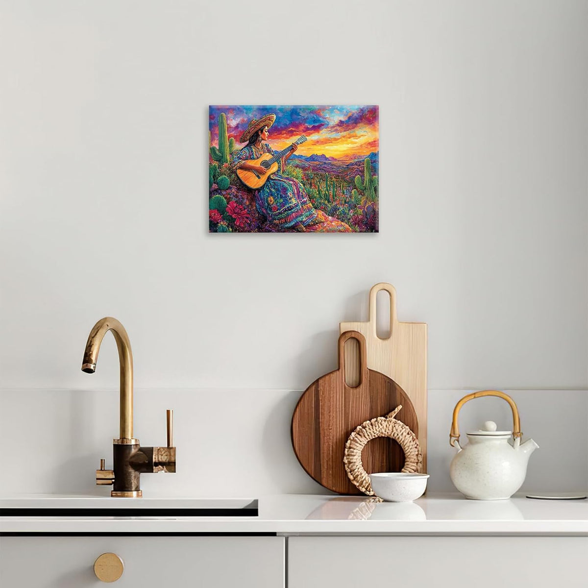 Mexican Women Pictures Wall Art, Cactus Landscape Bathroom Wall Decor, Nature Scenery Aesthetics Framed Painting Desert Modern Canvas Artwork for Bathroom Bedroom Living Room Decorations 20"L x 16"W