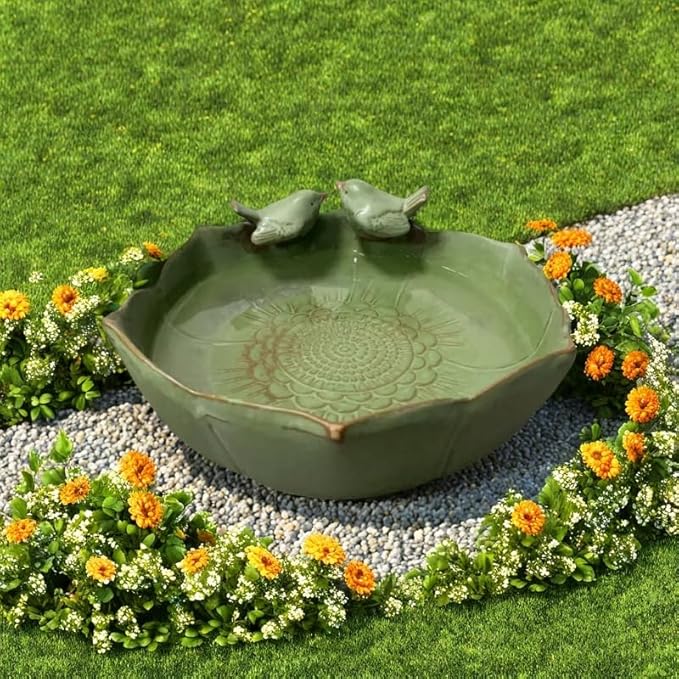 Bird Bath for Outside on Ground, 10 in Ceramic Birds Bath Bowl, Handmade Ground Bird Feeders and birdbath for Outdoors for Outdoors, Garden, Tabletop, Balcony and Lawn (Big - shallow)