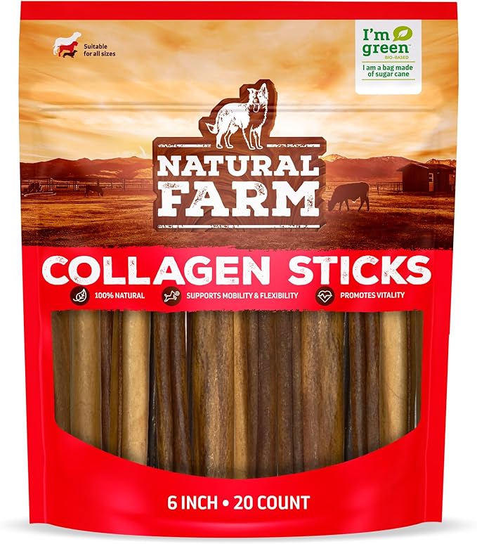 Natural Farm Collagen Sticks (6 Inch, 20 Pack). Odor-Free, 95% Natural Collagen Dog Chews, Supports Healthy Joints, Skin & Coat - Best Rawhide Alternative for Small & Medium Dogs