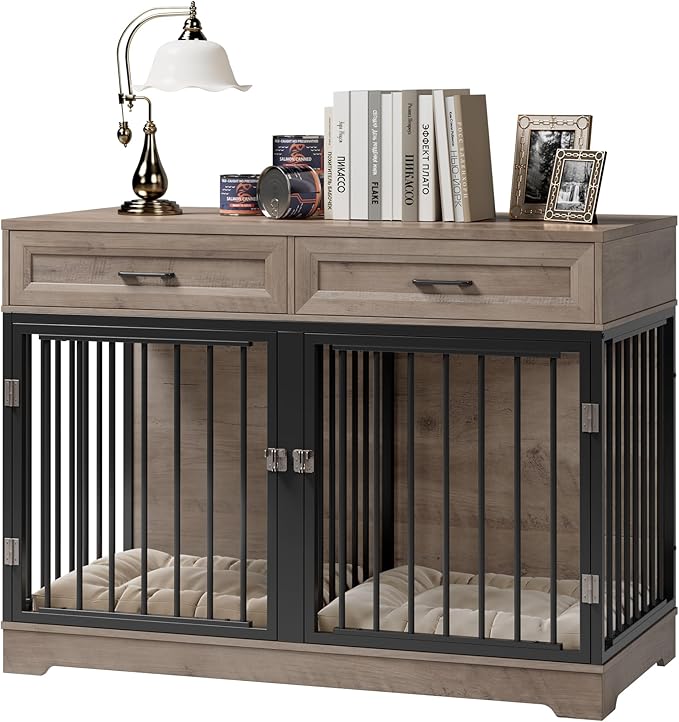 Dog Crate Furniture 47" Wooden Dog Kennels for Dogs Indoor with a Removable Divider for Large/Medium/Small Dogs, 2 Storage Drawers and Large Tabletop Dog Cages Double Doors Dog House, Rustic