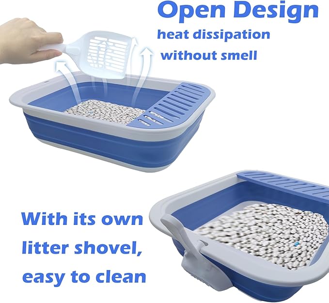 Collapsible Small Cat Litter Box,Open Top Cats Litter Pan with Scoop Foldable Shallow Kitten Potty Toilet Waterproof Cat Travel Litterbox Anti-Splashing Low Entry Semi-Enclosed Easy Clean(Blue)