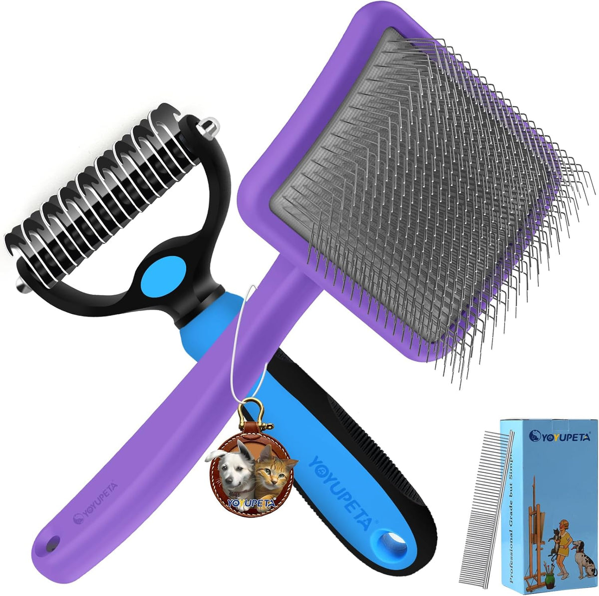 Large Slicker Brush for Dogs - 3PC Pet Grooming Kit - Undercoat Rake & Stainless Comb | Long Pins Remove Mats on Poodles, Golden, Labradoodles | Thick Coat Deshedder for Dogs, Cats, Purple