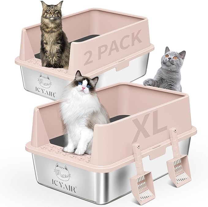 2PACK Stainless Steel Cat Litter Box with High Sides Lid, XL Litter Box for Big Multiple Cats, Extra Large Metal Kitty Litter Boxes with Anti-Leakage Enclosure, Non-Stick,Odorless,Scoop Included