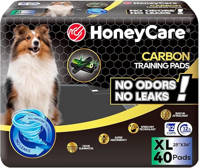 HONEY CARE All-Absorb Puppy Training Pads Dog Potty Pads Absorb Eliminating Urine Odor, Jumbo-Size Charcoal Puppy Pee Pad (Carbon, XL 28x34 inch, 40ct)