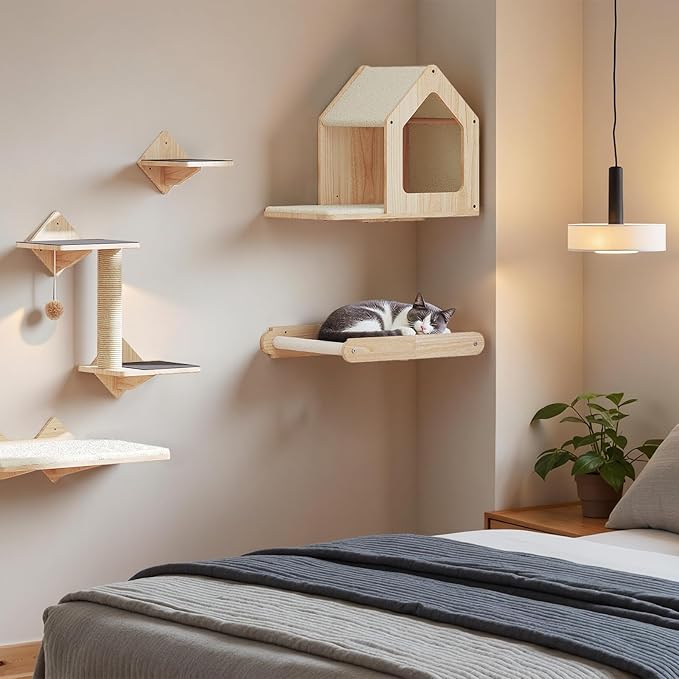 HOOBRO Wood Cat Wall Shelf, Cat Hammock and Wall-Mounted Bed Furniture with Soft Fabric, 18.9" L x 13.8" W, Easy to Install, Holds up to 40 lb, for Lounging, Playing, Sleeping, Natural NL03CS03N1