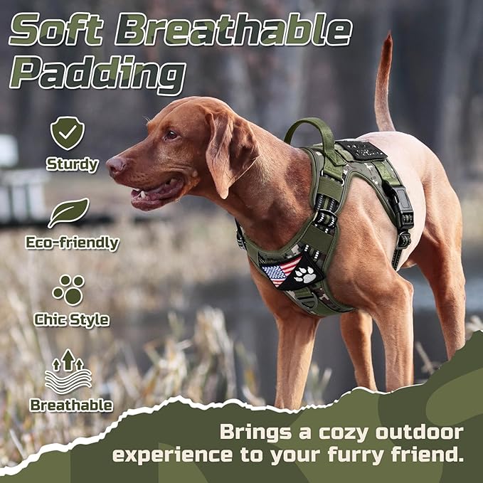 rabbitgoo Tactical Dog Harness for Large Dogs, No Pull Military Service Vest with Handle & Molle, Easy Control for Training Walking, Adjustable Reflective Straps, Green camo, XL