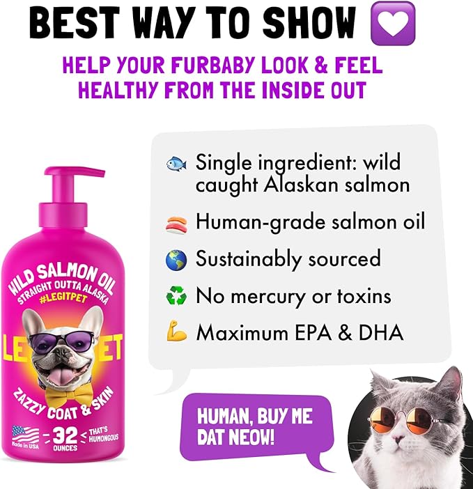 Wild Alaskan Salmon Oil for Dogs & Cats - Pure Fish Omega 3 6 9 Liquid EPA DHA Fatty Acids - Skin & Coat Supplement - Supports Joint Function, Brain, Eye, Immune & Heart Health - Made in USA 32 oz