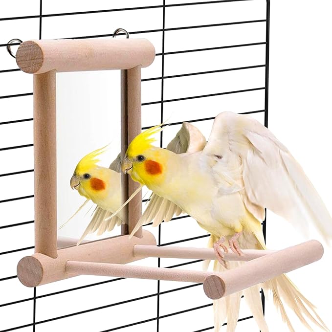 Bird Mirror Parakeet Mirror Perch Stand Wooden Swing Mirror Toy Cage Accessories for Parrots Budgies Parakeets Cockatiels Lovebirds Finches