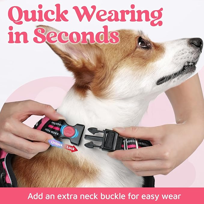 rabbitgoo Dog Harness for Large Dogs, No Pull Pet Vest with 3 Buckles, Adjustable Soft Padded Pet Harness with Easy Control Handle and Reflective Strips, Pink, XL