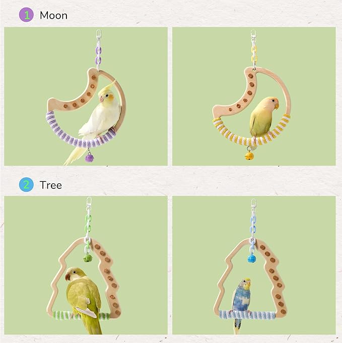 Natural Bird Swing - Moon-Shaped Parrot Perch with Bell and Cork Toys, Spinning Wooden Stand for Parakeets, Budgies, Lovebirds and Small/Medium Birds (White + Yellow)