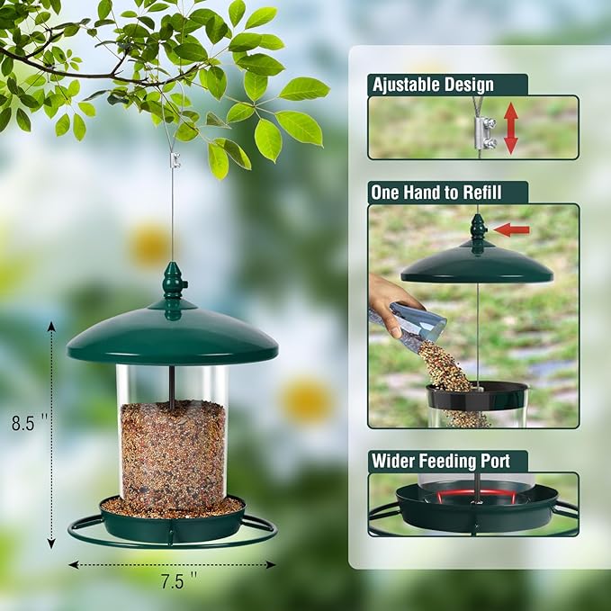 Metal Bird Feeder for Outdoors Hanging,3.0LB Seed Feeder,Easy to Fill & Clean,360° Feeding,Chew Proof Weatherproof Roof for Gardens and Wild Birds,Green