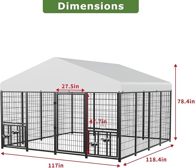 ROOMTEC Large Dog Kennel Outdoor Pet Pens Dogs Run with 4 Bowls (10' L x 10' W x 6.5'H)