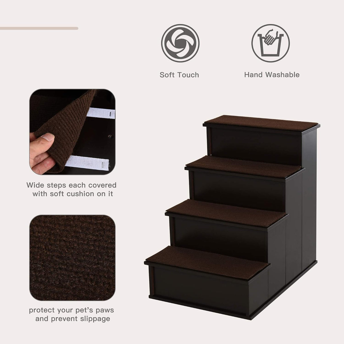 PawHut Pet Stairs, Small Pet Steps with Cushioned Removable Covering for Dogs and Cats Up to 22 lbs, Brown