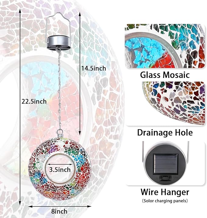 Mosaic Bird Feeders for Outside Hanging with Round Shape Glass Container Fly Through Solar Bird Feeder for Garden Decor (Multicolor)