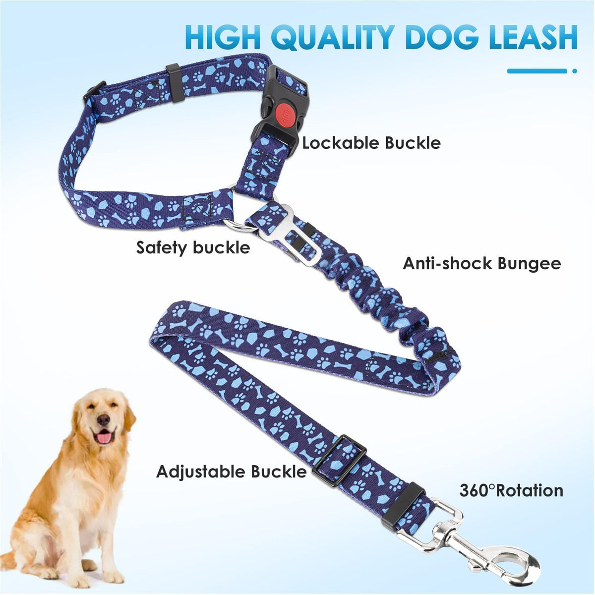 Lukovee Dog Seatbelt Leash for Cars, 2 Pack Pet Safety Car Seat Belt with Adjustable Buckle & Reflective Bungee, Connect Dog Harness in Vehicle Car Dogs Restraint Travel Daily Use (Blue Paw)