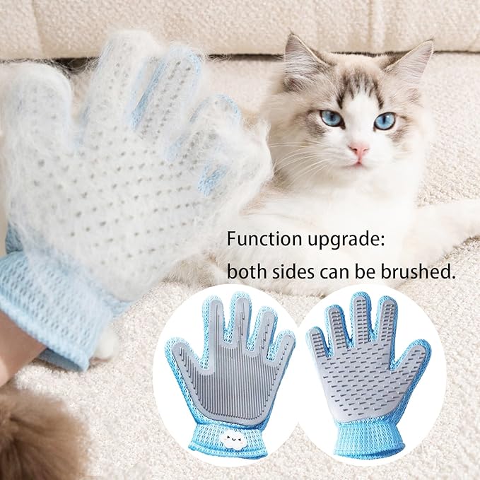 2 Pcs [2-in-1] Pet Hair Removal Gloves - Five Finger Massage Design Pet Beauty Gloves, Suitable for pet dogs and cats to prevent hair tanglings (Blue)