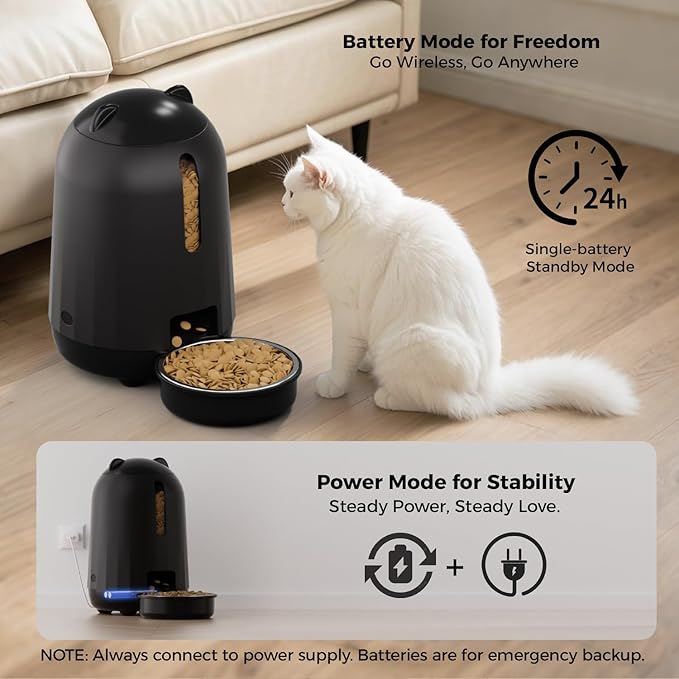 PAPIFEED Automatic Cat Feeder, 2.4G WiFi Auto Cat Food Dispenser with App Control, 3L Auto Pet Feeder with Dual Power Supply, Detachable for Easy Clean for Cats and Small Dogs, Black